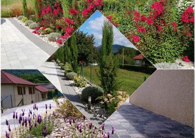 Massif varié avec lila des indes de floraison rouge