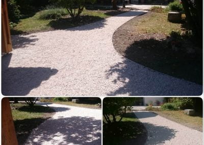 Allée en gravier avec dalles nid d’abeille et bordure alu.